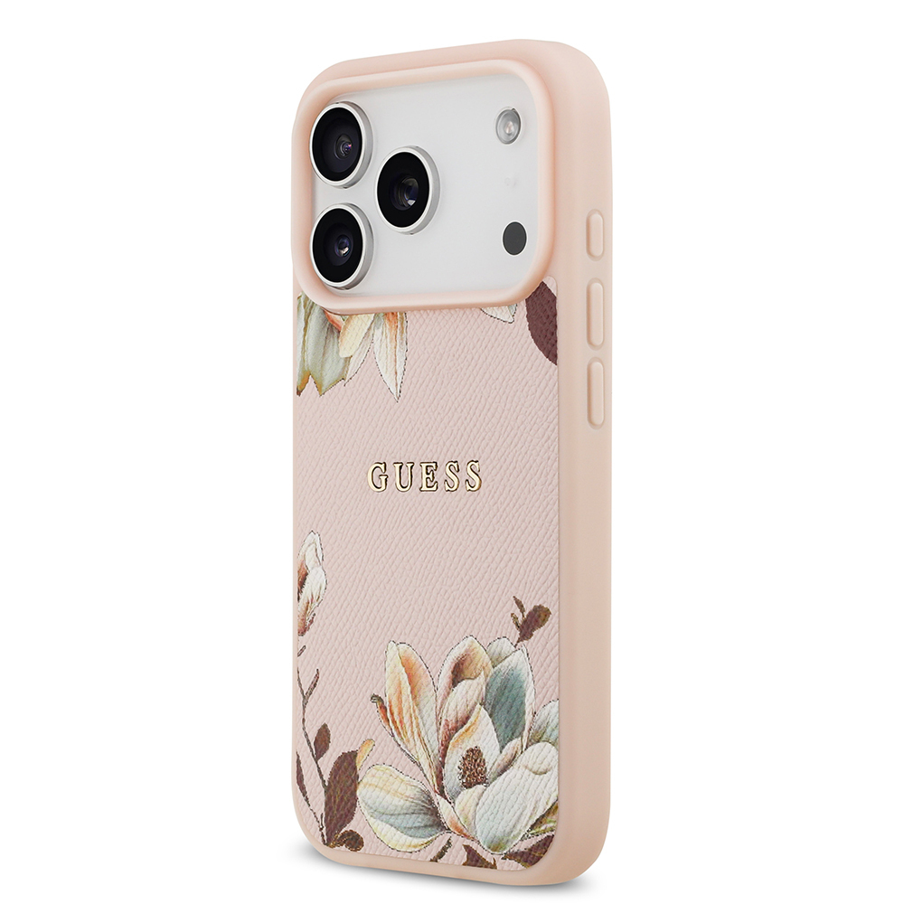 Apple iPhone 17 Pro Kılıf Guess Orjinal Lisanslı M-safe Şarj Özellikli Taneli Çiçek Tasarımlı Metal Yazı Logolu Kapak - 11