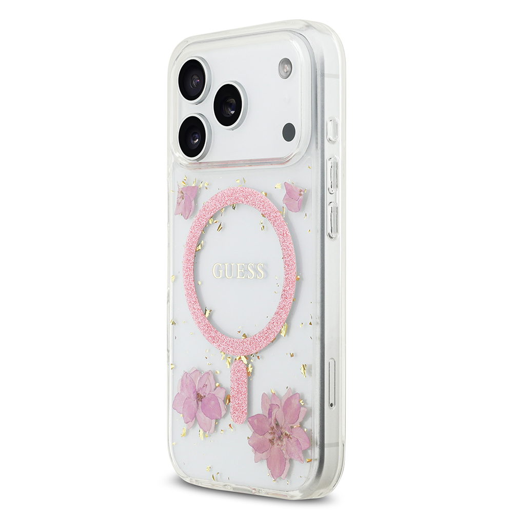 Apple iPhone 17 Pro Kılıf Guess Orjinal Lisanslı M-safe Şarj Özellikli Transparan Resin Flowers Kapak - 4