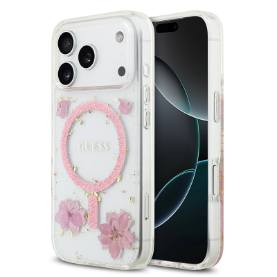 Apple iPhone 17 Pro Kılıf Guess Orjinal Lisanslı M-safe Şarj Özellikli Transparan Resin Flowers Kapak Pembe
