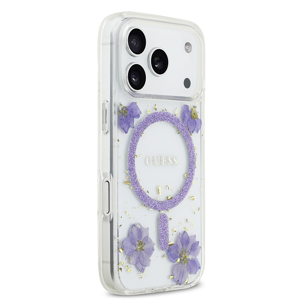 Apple iPhone 17 Pro Kılıf Guess Orjinal Lisanslı M-safe Şarj Özellikli Transparan Resin Flowers Kapak - 12