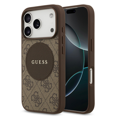 Apple iPhone 17 Pro Kılıf Guess Orjinal Lisanslı M-safe Şarj Özellikli Yazı Logolu Circle Classic Kapak Kahverengi