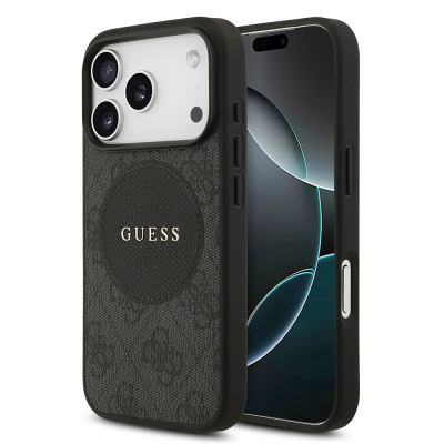 Apple iPhone 17 Pro Kılıf Guess Orjinal Lisanslı M-safe Şarj Özellikli Yazı Logolu Circle Classic Kapak Siyah