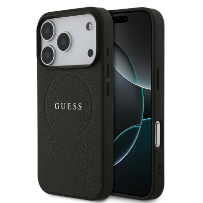 Apple iPhone 17 Pro Kılıf Guess Orjinal Lisanslı M-safe Şarj Özellikli Yazı Logolu PU Deri Kapak Siyah