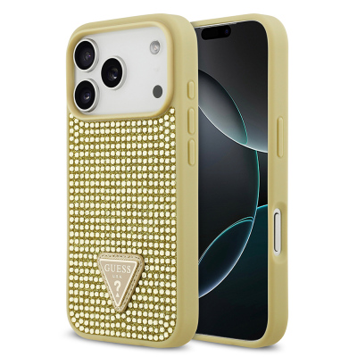 Apple iPhone 17 Pro Kılıf Guess Orjinal Lisanslı Taşlı Arka Yüzey Üçgen Logolu Kapak Gold
