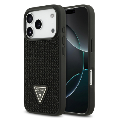 Apple iPhone 17 Pro Kılıf Guess Orjinal Lisanslı Taşlı Arka Yüzey Üçgen Logolu Kapak Siyah