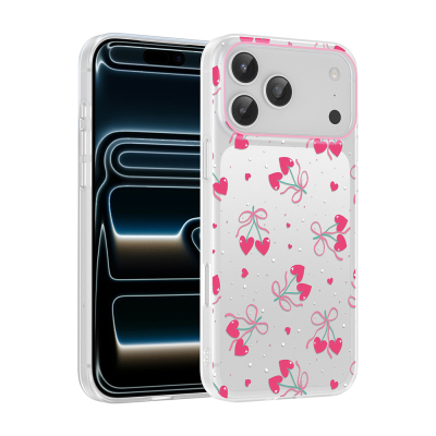 Apple iPhone 17 Pro Kılıf Kamera Korumalı Desenli Zore Klip Kapak Kalpli Kiraz