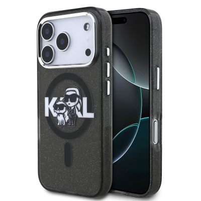 Apple iPhone 17 Pro Kılıf Karl Lagerfeld Orjinal Lisanslı Parlayan Simli Karl & Choupette Sketch Logo Kapak Siyah