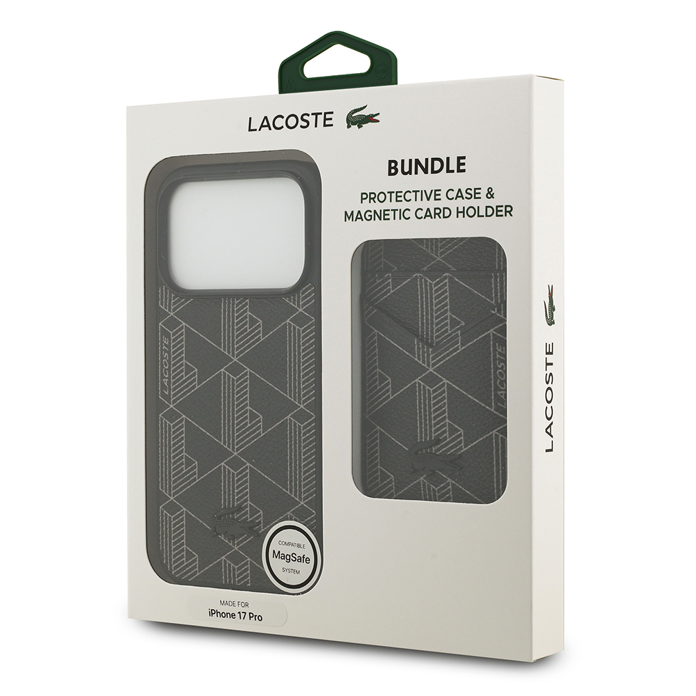 Apple iPhone 17 Pro Kılıf Lacoste Orjinal Lisanslı M-safe Şarj Özellikli PU Deri Tasarımlı Kartlıklı Karışık Monogram Desenli Kapak - 23
