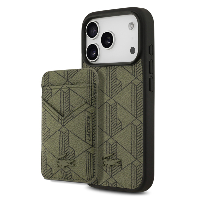 Apple iPhone 17 Pro Kılıf Lacoste Orjinal Lisanslı M-safe Şarj Özellikli PU Deri Tasarımlı Kartlıklı Karışık Monogram Desenli Kapak Yeşil