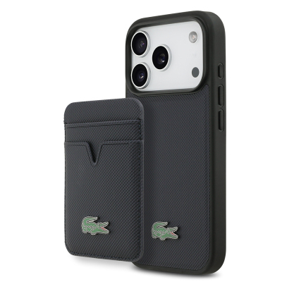 Apple iPhone 17 Pro Kılıf Lacoste Orjinal Lisanslı M-safe Şarj Özellikli PU Pike Desenli Metal Logolu Kartlıklı Kapak Lacivert