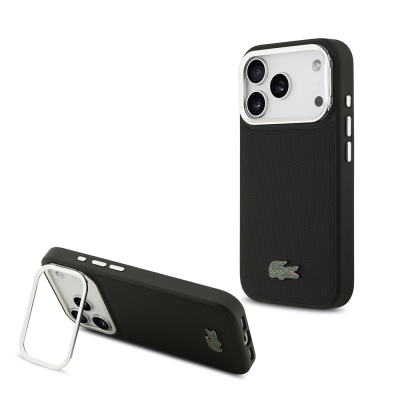 Apple iPhone 17 Pro Kılıf Lacoste Orjinal Lisanslı M-safe Şarj Özellikli PU Pike Desenli Standlı Metal Logolu Kapak Siyah