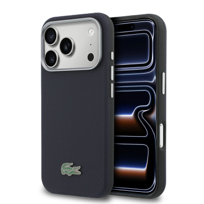 Apple iPhone 17 Pro Kılıf Lacoste Orjinal Lisanslı M-Safe Şarj Özellikli PVC Yarı Pike Desenli Arka Yüzey İkonik Timsah Dokuma Logolu Kapak Lacivert
