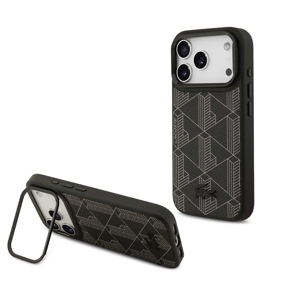 Apple iPhone 17 Pro Kılıf Lacoste Orjinal Lisanslı M-safe Şarj Özellikli Standlı PU Deri Karışık Monogram Desenli Kapak - 1