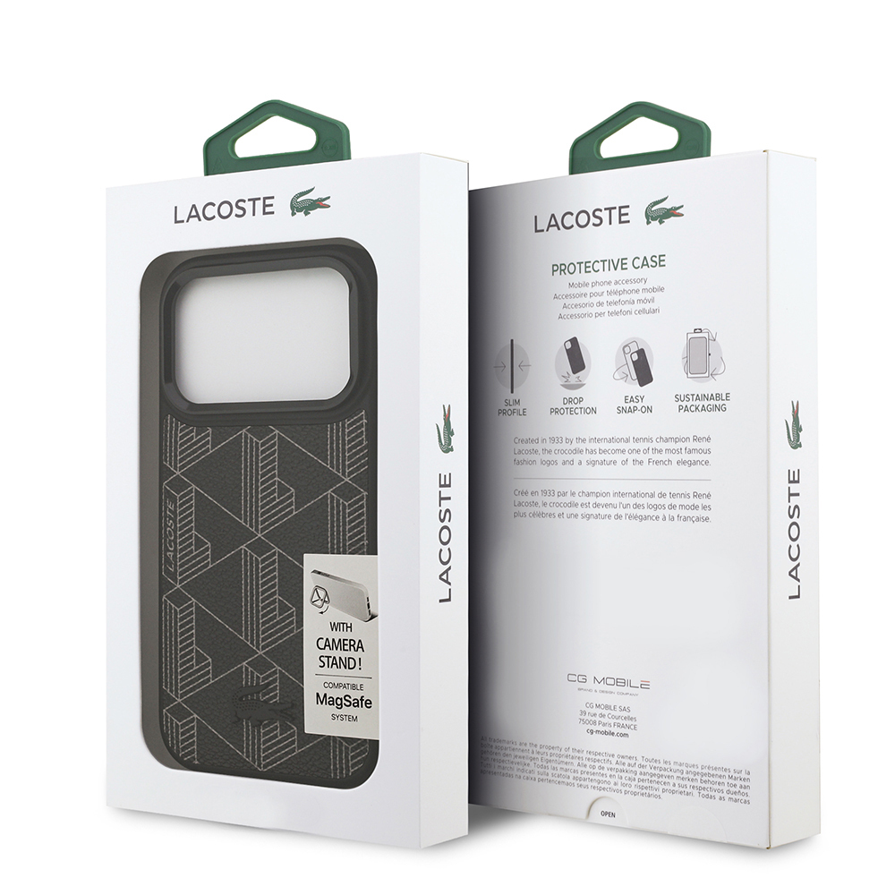 Apple iPhone 17 Pro Kılıf Lacoste Orjinal Lisanslı M-safe Şarj Özellikli Standlı PU Deri Karışık Monogram Desenli Kapak - 10