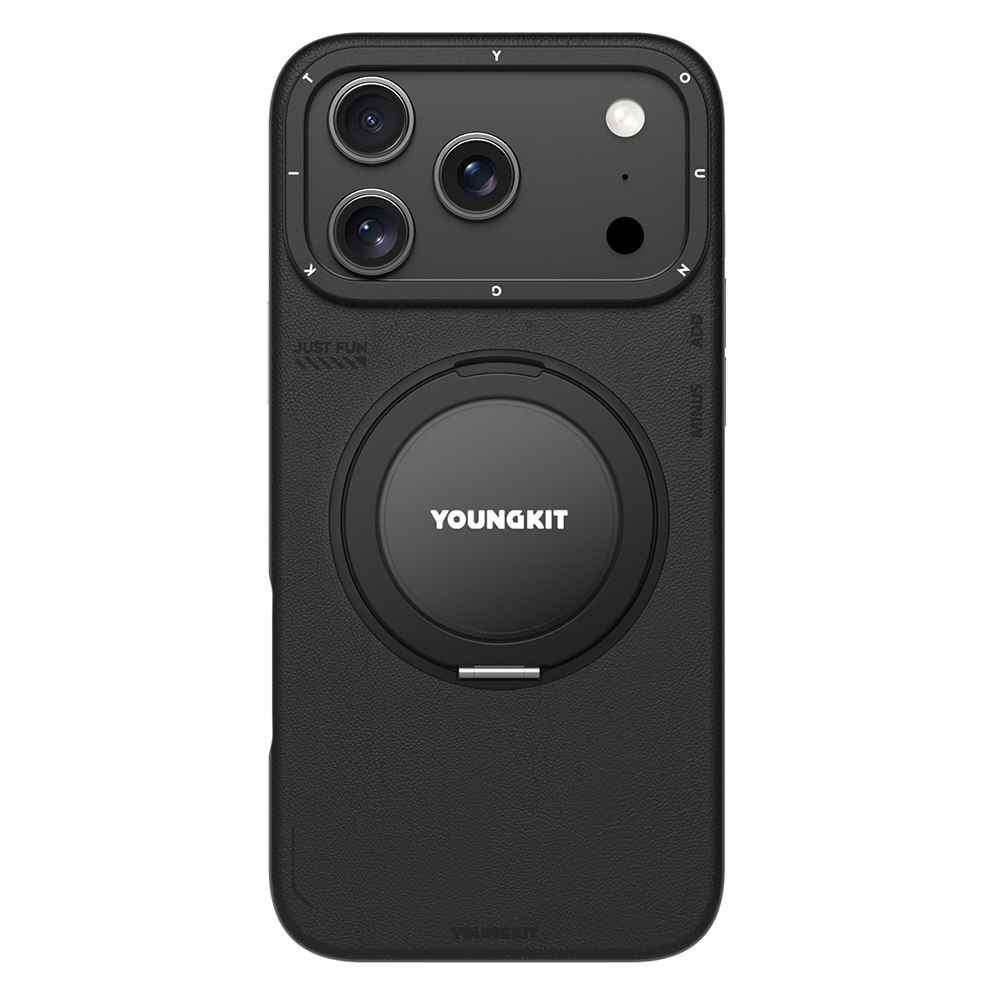 Apple iPhone 17 Pro Kılıf M-safe Şarj Özellikli 360 Derece Standlı Basit Mat Deri Desenli Youngkit Tech Leather Serisi Kapak - 1