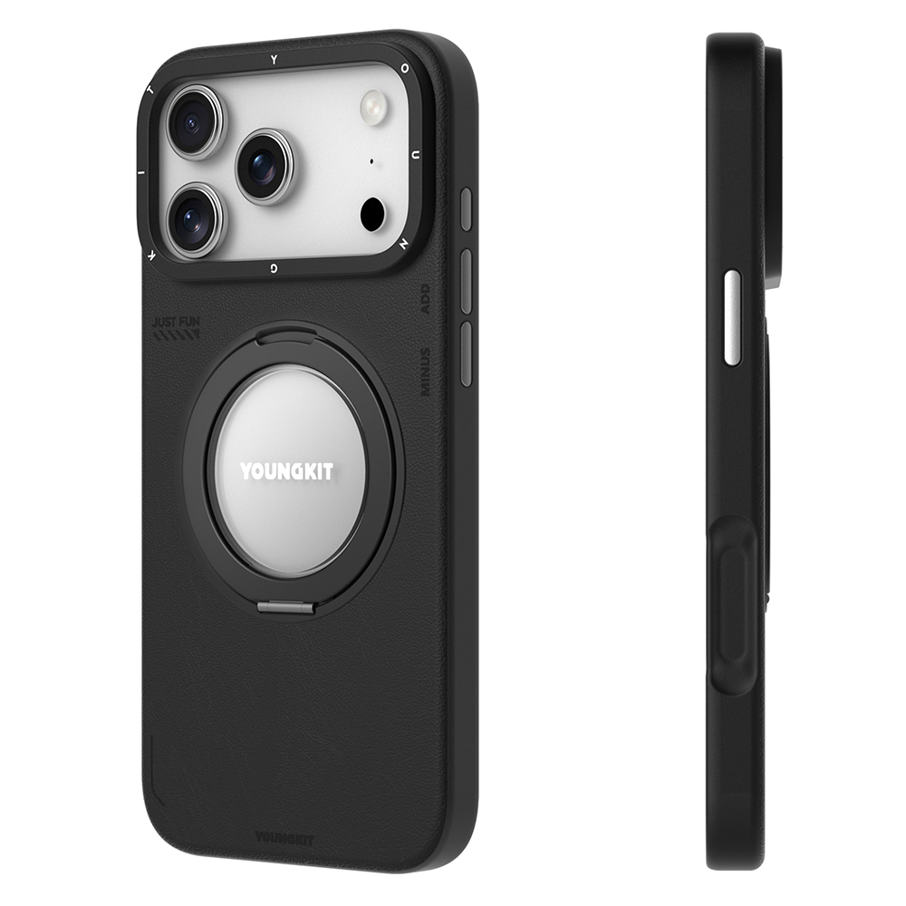 Apple iPhone 17 Pro Kılıf M-safe Şarj Özellikli 360 Derece Standlı Basit Mat Deri Desenli Youngkit Tech Leather Serisi Kapak - 8
