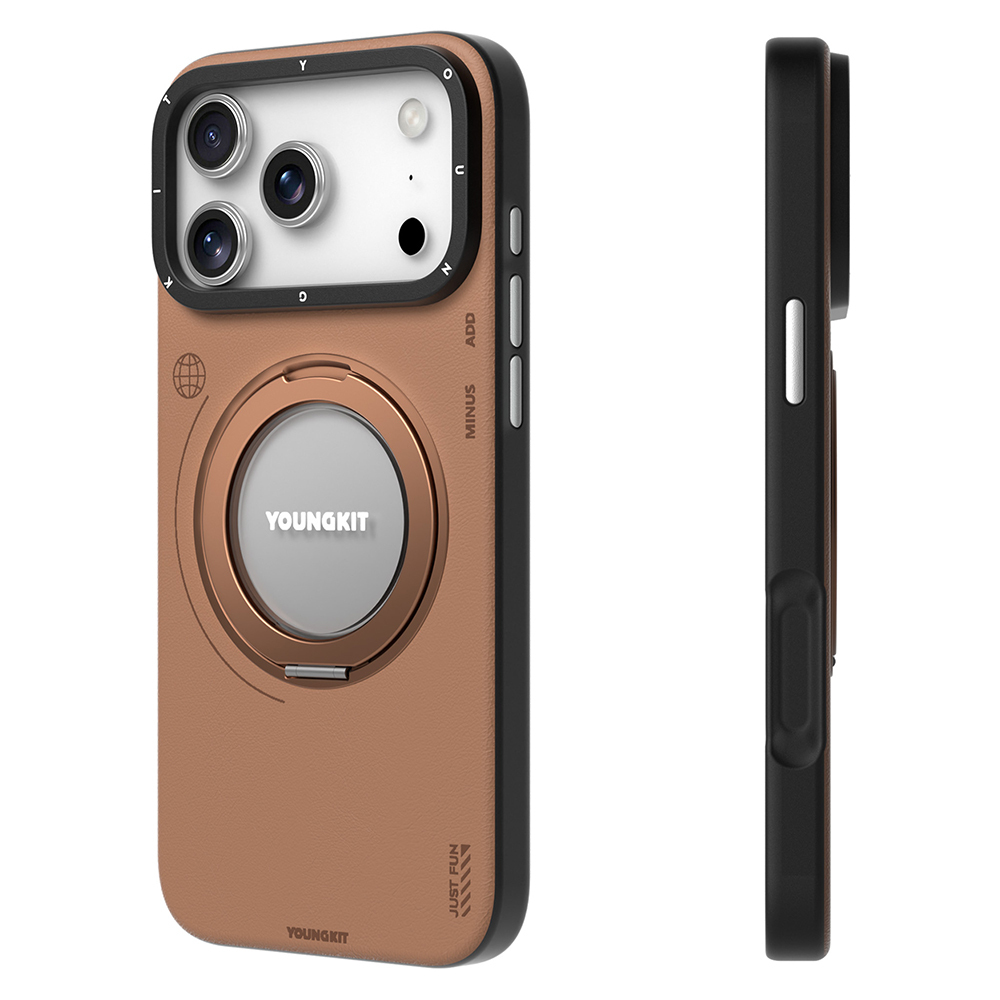 Apple iPhone 17 Pro Kılıf M-safe Şarj Özellikli 360 Derece Standlı Basit Mat Deri Desenli Youngkit Tech Leather Serisi Kapak - 9
