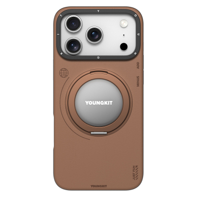 Apple iPhone 17 Pro Kılıf M-safe Şarj Özellikli 360 Derece Standlı Basit Mat Deri Desenli Youngkit Tech Leather Serisi Kapak Kahverengi