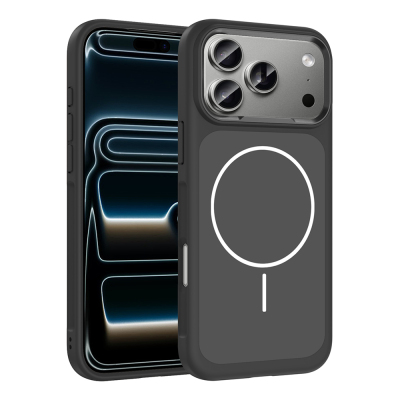 Apple iPhone 17 Pro Kılıf M-Safe Şarj Özellikli Metal Kamera Çerçeveli Zore Sanremo Silikon Kapak Siyah