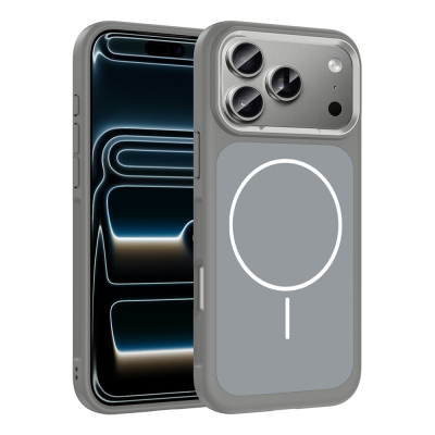 Apple iPhone 17 Pro Kılıf M-Safe Şarj Özellikli Metal Kamera Çerçeveli Zore Sanremo Silikon Kapak Gri