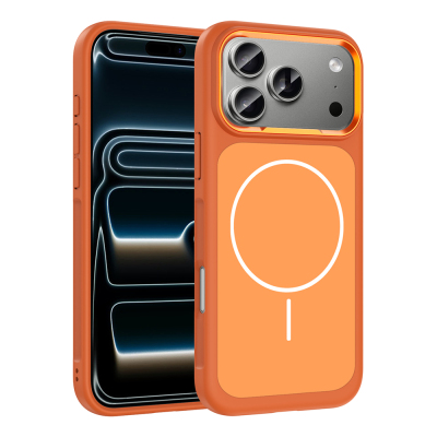 Apple iPhone 17 Pro Kılıf M-Safe Şarj Özellikli Metal Kamera Çerçeveli Zore Sanremo Silikon Kapak Turuncu