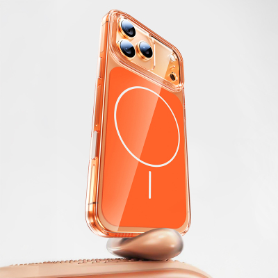 Apple iPhone 17 Pro Kılıf Zore M-safe Şarj Özellikli Şeffaf Kamera Kontrol Butonlu Lugano Kapak Turuncu