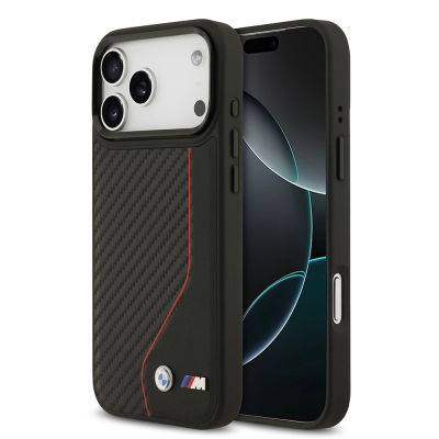 Apple iPhone 17 Pro Max Case BMW Original Licensed M-safe Charging Feature Metal BMW and M Logo PU Carbon Design Cover Red