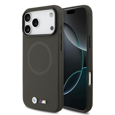 Apple iPhone 17 Pro Max Case BMW Original Licensed M-Safe Charging Feature Metal Logo Perforated M Design Leather Cover Smoked