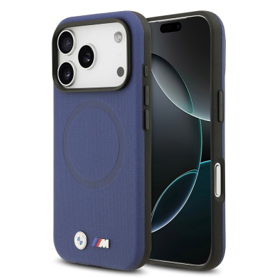 Apple iPhone 17 Pro Max Case BMW Original Licensed M-Safe Charging Feature Metal Logo Perforated M Design Leather Cover Navy blue