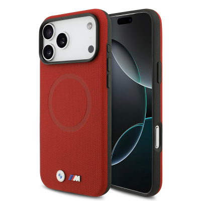 Apple iPhone 17 Pro Max Case BMW Original Licensed M-Safe Charging Feature Metal Logo Perforated M Design Leather Cover Red