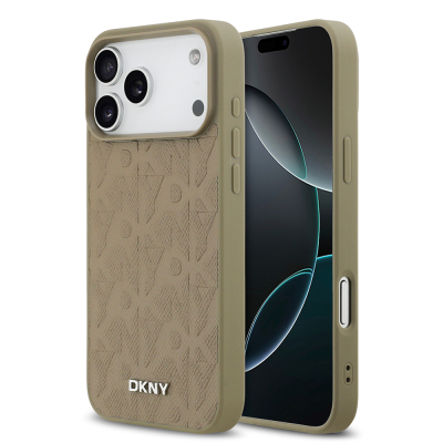 Apple iPhone 17 Pro Max Case DKNY Original Licensed M-safe Charging Feature 3D Printed Grid Pattern Cover Brown