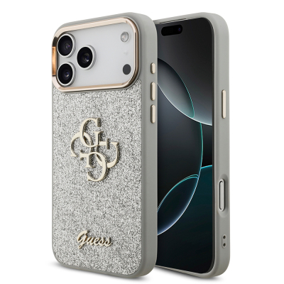 Apple iPhone 17 Pro Max Case Guess Original Licensed 4G Large Metal Camera Frame and Logo Glitter Cover Grey