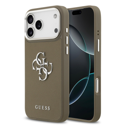 Apple iPhone 17 Pro Max Case Guess Original Licensed Grained 4G Metal Large Logo Cover Brown