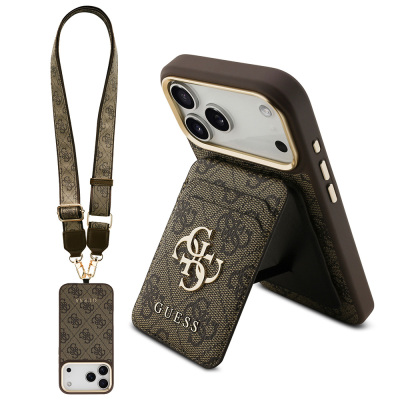 Apple iPhone 17 Pro Max Case Guess Original Licensed M-safe Charging Case with Strap and 4G Logo Card Holder Brown