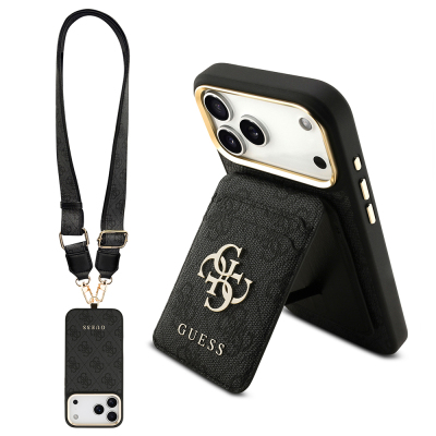 Apple iPhone 17 Pro Max Case Guess Original Licensed M-safe Charging Case with Strap and 4G Logo Card Holder Black