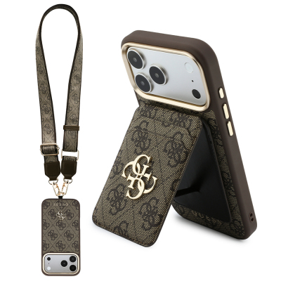 Apple iPhone 17 Pro Max Case Guess Original Licensed M-safe Charging Case with Strap and 4G Metal Logo Card Holder Brown