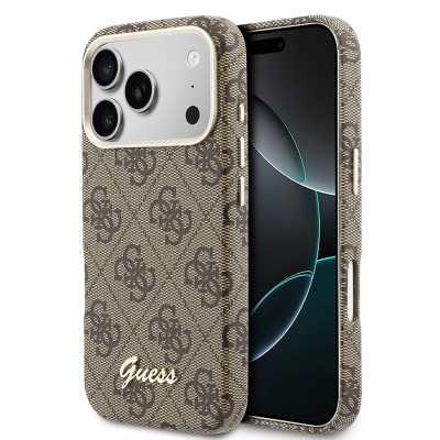 Apple iPhone 17 Pro Max Case Guess Original Licensed M-safe Charging Enabled Script Text Logo 4G Patterned Cover Brown