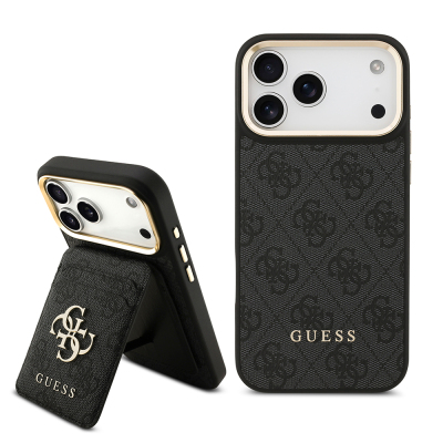 Apple iPhone 17 Pro Max Case Guess Original Licensed M-safe Charging Feature 4G Metal Large Logo Card Holder Cover Black