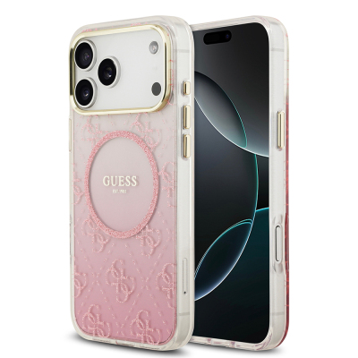Apple iPhone 17 Pro Max Case Guess Original Licensed M-safe Charging Feature 4G Patterned Glitter Silicone Cover Pink