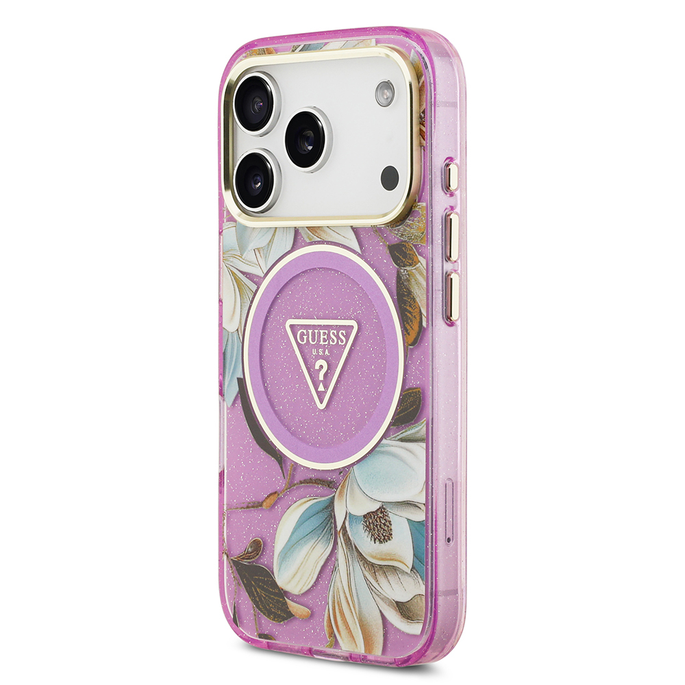 Apple iPhone 17 Pro Max Case Guess Original Licensed M-safe Charging Feature Glittery Flower Patterned Metal Camera Frame Triangle Logo Cover - 6