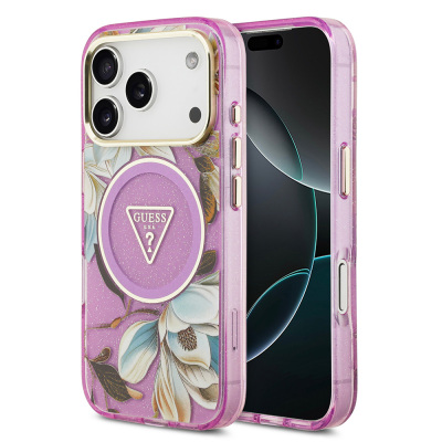 Apple iPhone 17 Pro Max Case Guess Original Licensed M-safe Charging Feature Glittery Flower Patterned Metal Camera Frame Triangle Logo Cover Purple