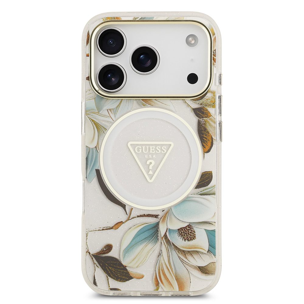 Apple iPhone 17 Pro Max Case Guess Original Licensed M-safe Charging Feature Glittery Flower Patterned Metal Camera Frame Triangle Logo Cover - 13