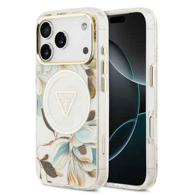Apple iPhone 17 Pro Max Case Guess Original Licensed M-safe Charging Feature Glittery Flower Patterned Metal Camera Frame Triangle Logo Cover White