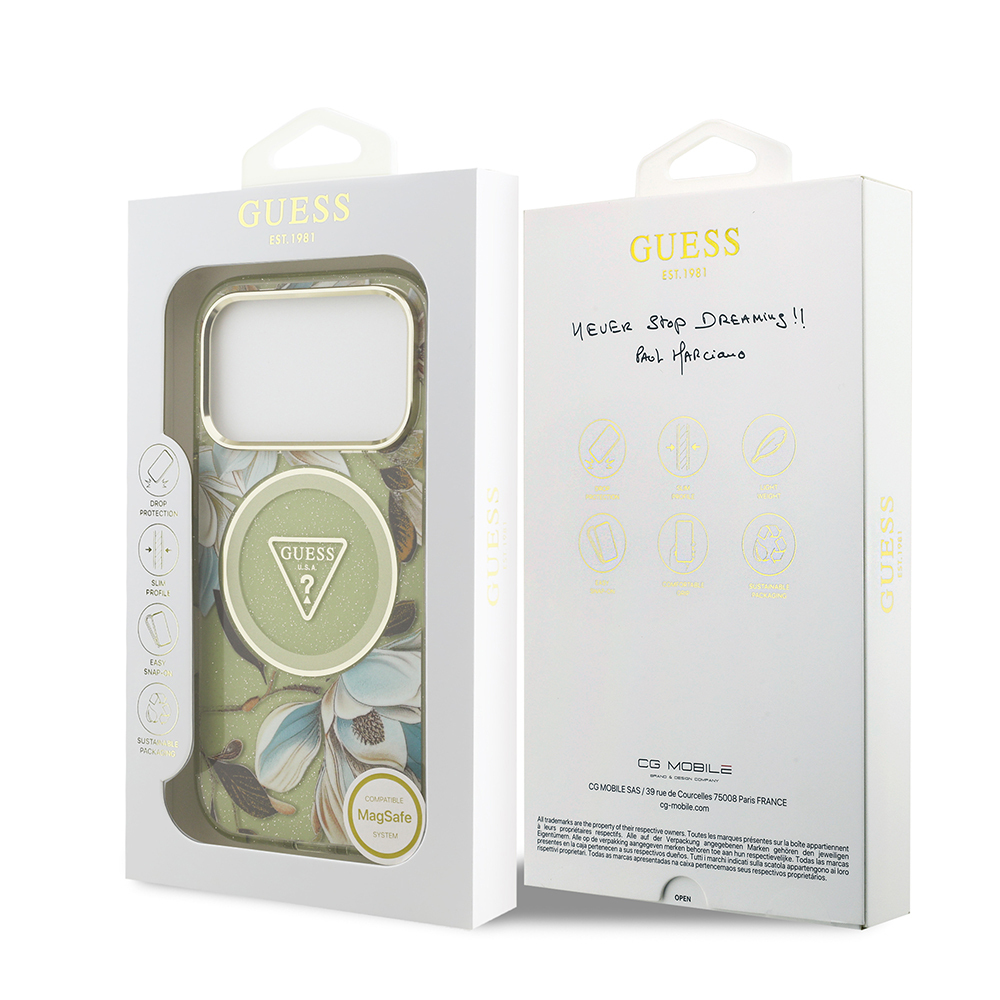 Apple iPhone 17 Pro Max Case Guess Original Licensed M-safe Charging Feature Glittery Flower Patterned Metal Camera Frame Triangle Logo Cover - 31