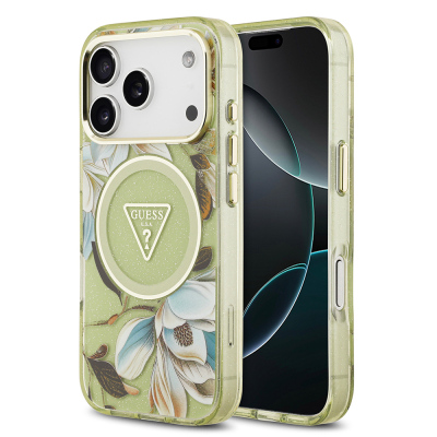 Apple iPhone 17 Pro Max Case Guess Original Licensed M-safe Charging Feature Glittery Flower Patterned Metal Camera Frame Triangle Logo Cover Green