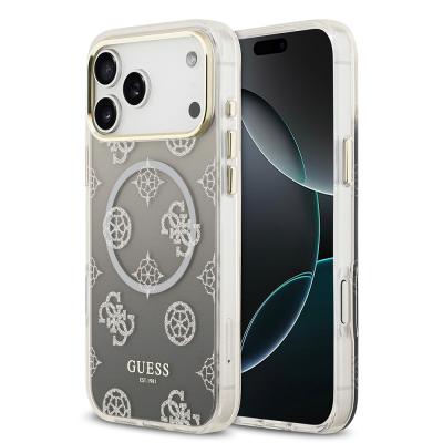 Apple iPhone 17 Pro Max Case Guess Original Licensed M-safe Charging Feature Glittery Peony Patterned Silicone Cover Black