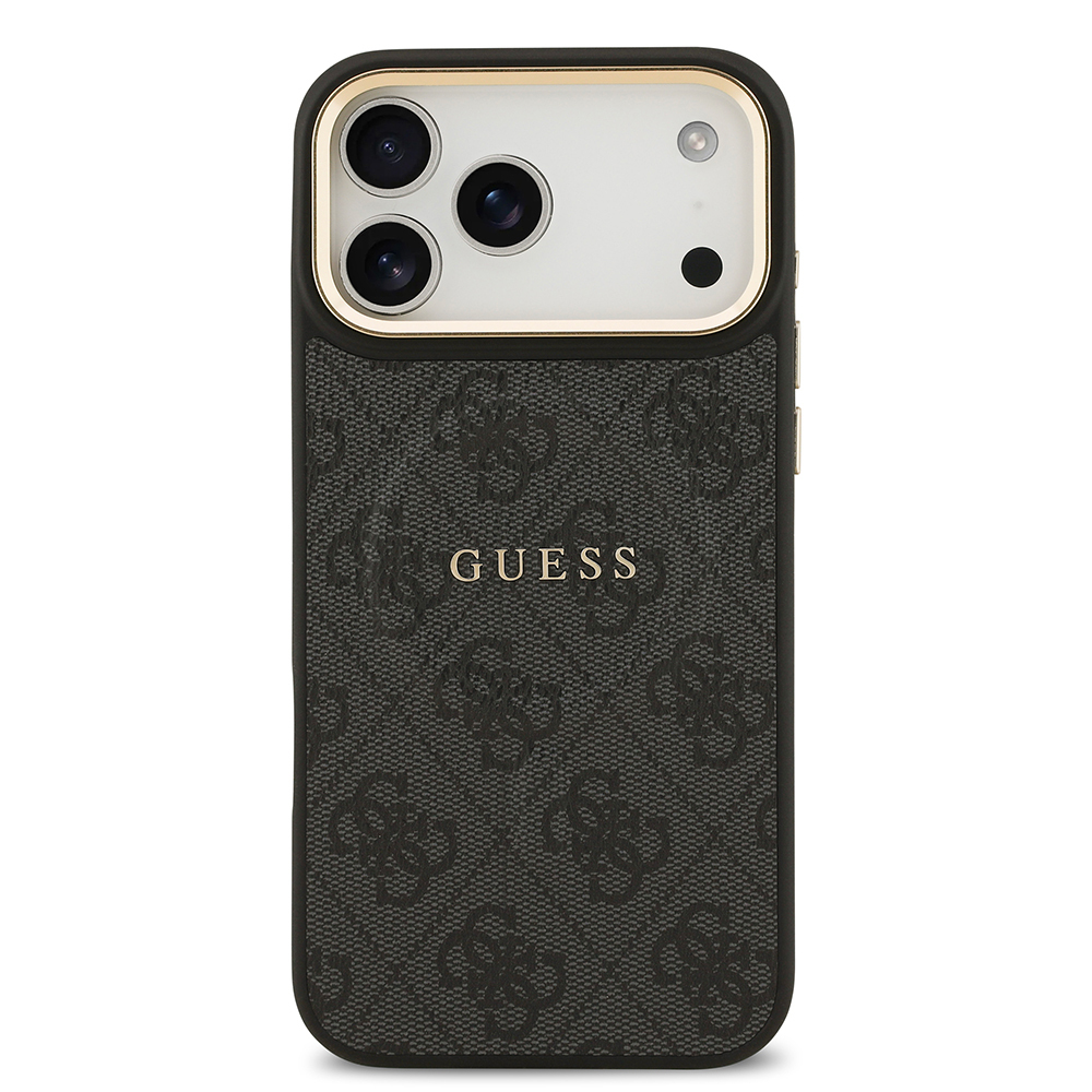 Apple iPhone 17 Pro Max Case Guess Original Licensed M-safe Charging Feature Gold Metal Camera Frame PU Leather 4G Patterned Text Logo Cover - 16