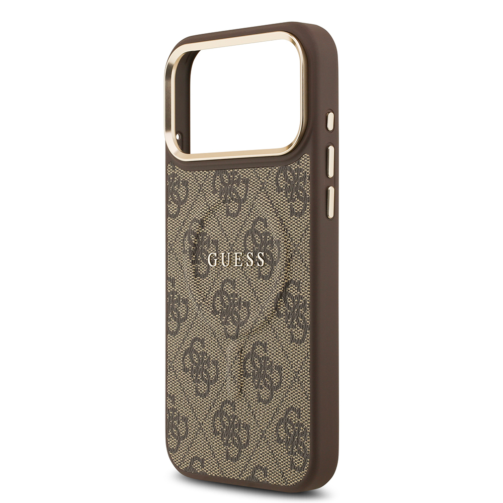 Apple iPhone 17 Pro Max Case Guess Original Licensed M-safe Charging Feature Gold Metal Camera Frame PU Leather 4G Patterned Text Logo Cover - 21