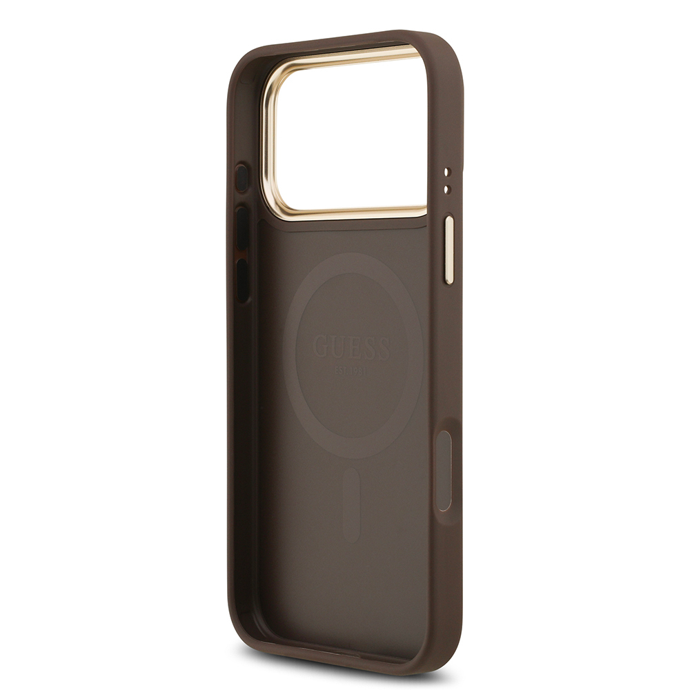 Apple iPhone 17 Pro Max Case Guess Original Licensed M-safe Charging Feature Gold Metal Camera Frame PU Leather 4G Patterned Text Logo Cover - 22