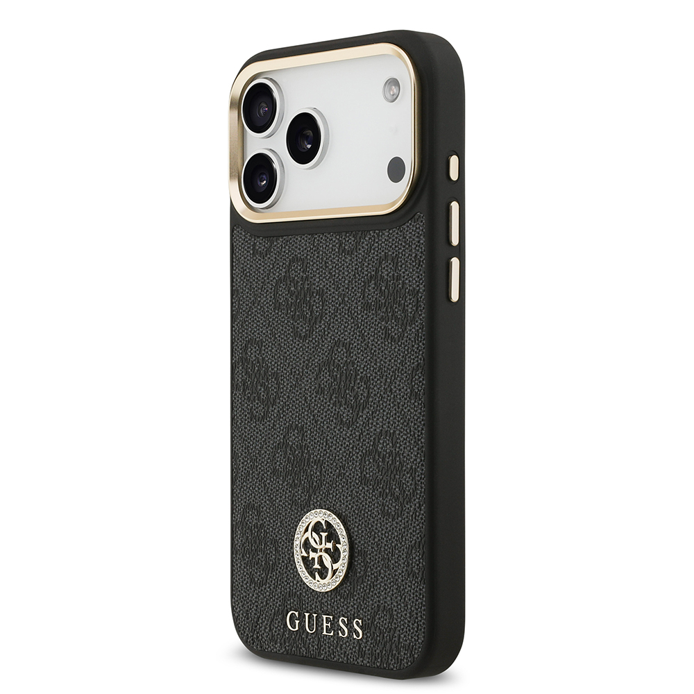 Apple iPhone 17 Pro Max Case Guess Original Licensed M-safe Charging Feature Gold Metal Camera Frame Stone 4G Logo Cover - 10